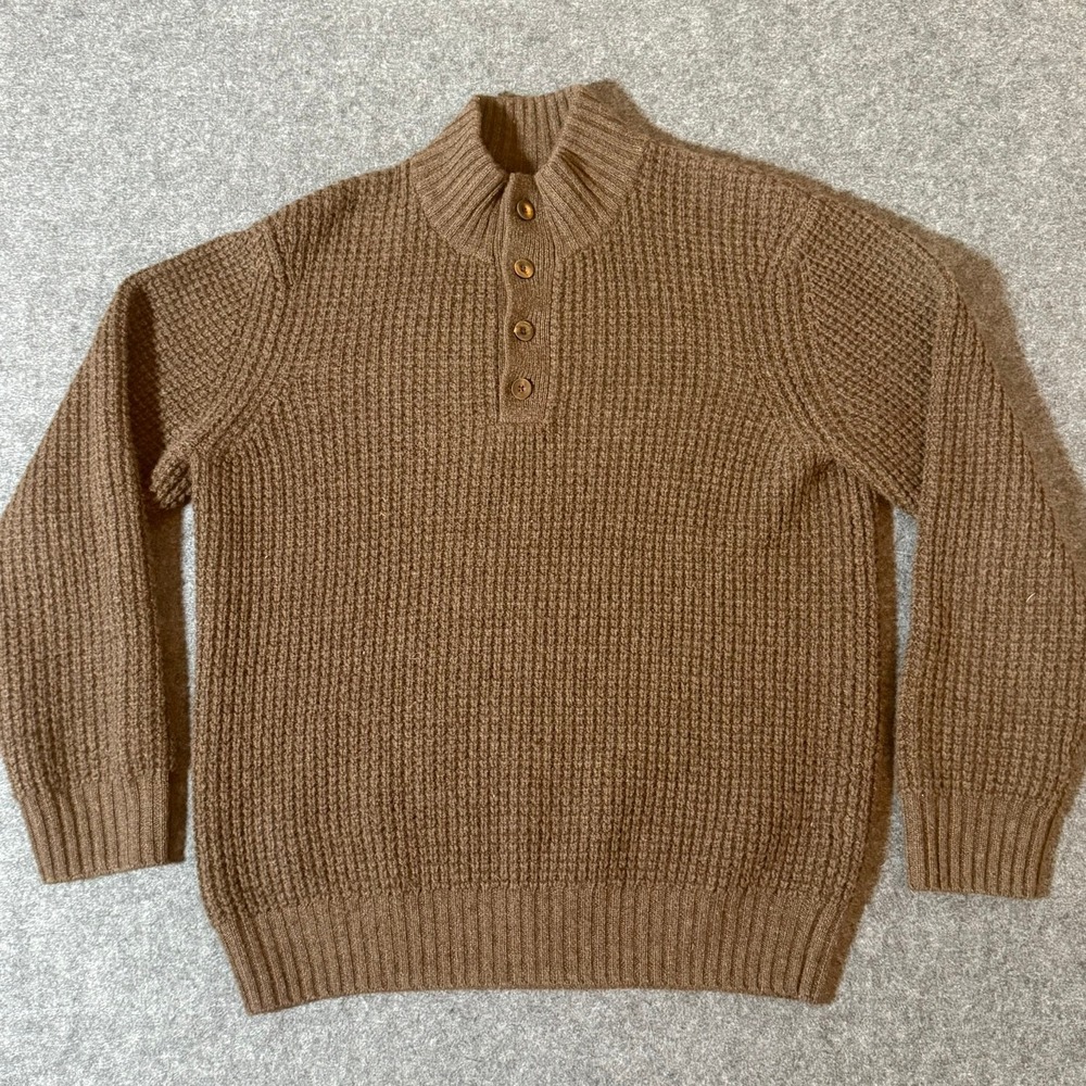 Quince Mens Brown Waffle Knit Henley Mock Neck Sweater Size Medium 100% Cashmere